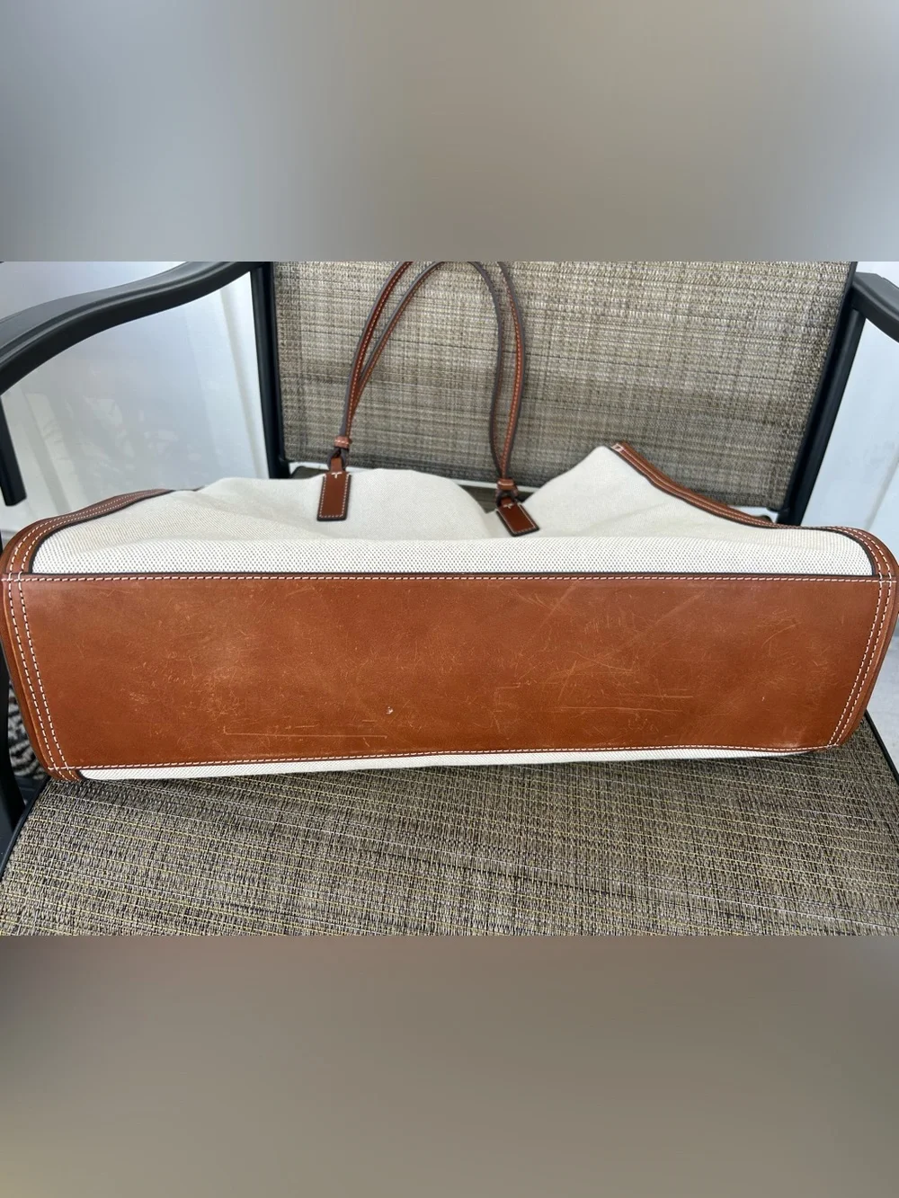 TORY BURCH Ella Canvas tote large Brown Leather Natural Classic Cuoio Bag Auth